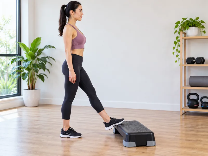 Đặt mũi chân lên bục thấp giúp tạo lực kéo giãn nhẹ ở bắp chân.