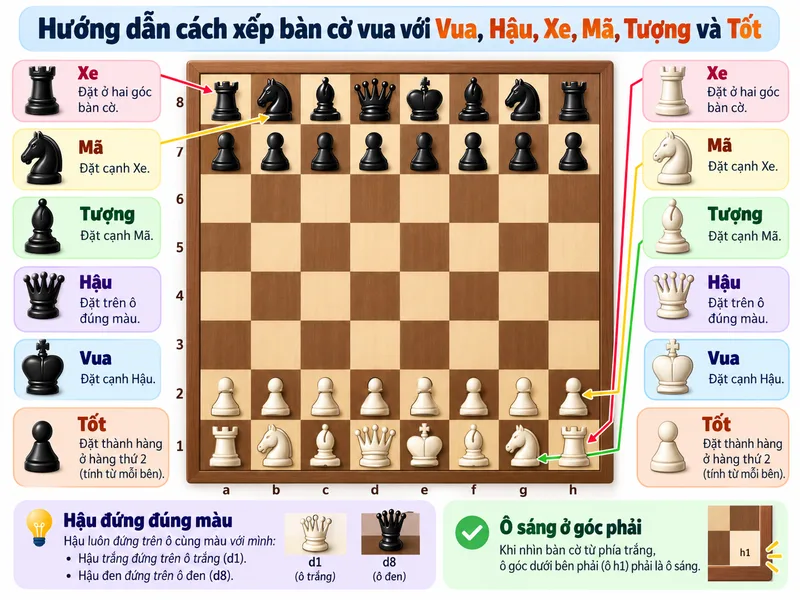 Hướng dẫn cách xếp bàn cờ vua với Vua, Hậu, Xe, Mã, Tượng và Tốt