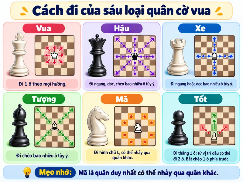 Mỗi loại quân cờ vua lại có cách đi khác nhau