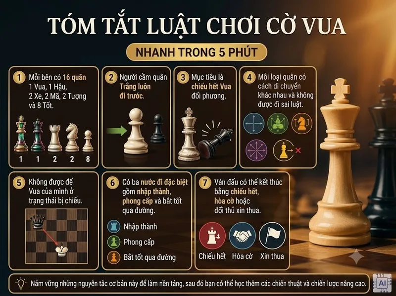 Ba luật đặc biệt trong cờ vua gồm nhập thành, phong cấp và bắt tốt qua đường
