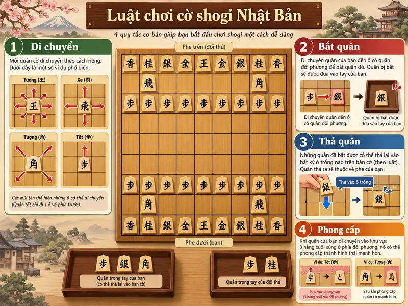 Luật chơi cờ shogi Nhật Bản gồm di chuyển, bắt quân, thả quân và phong cấp.