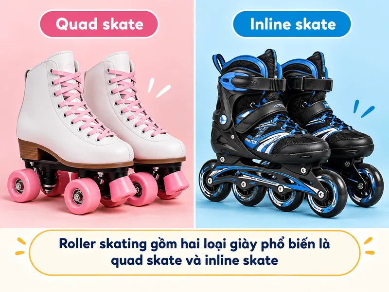 Roller skating gồm hai loại giày phổ biến là quad skate và inline skate